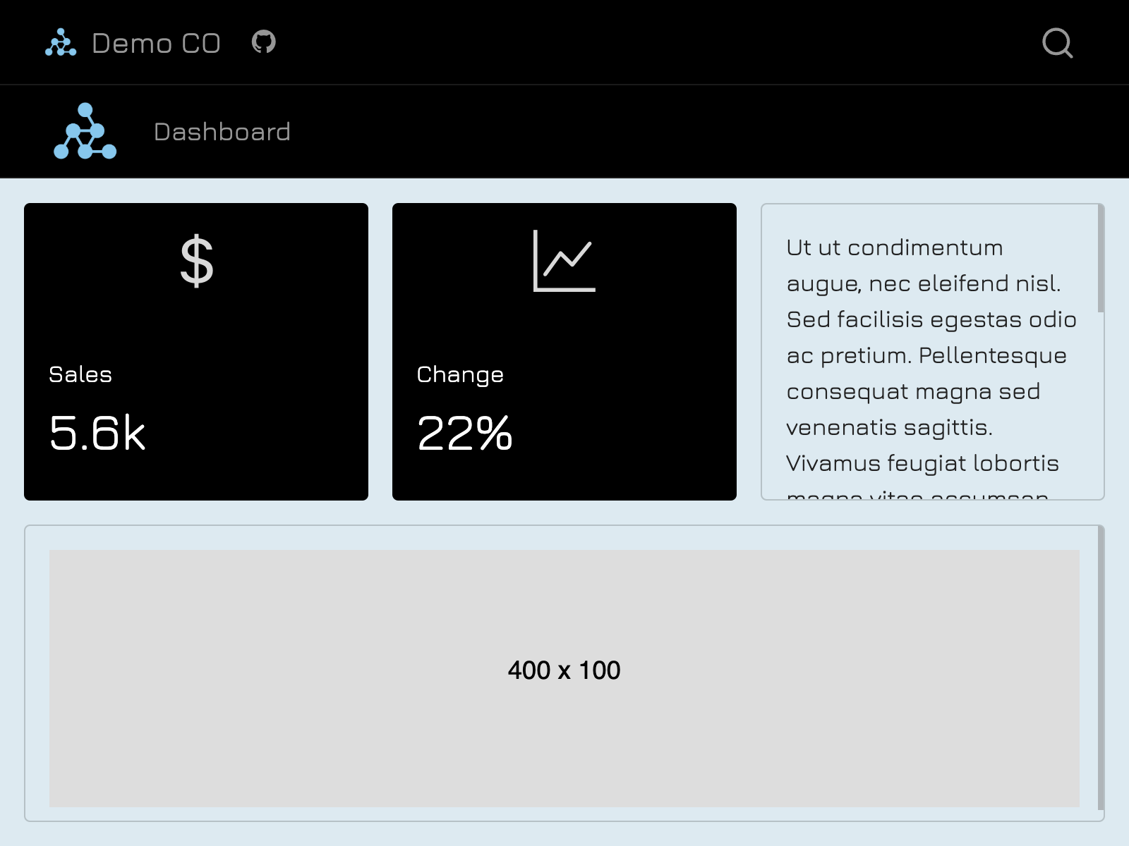 Screenshot of a dashboard. The text is dark grey on a light blue background, using a rounded sans-serif typeface, a logo appears in the navbar.