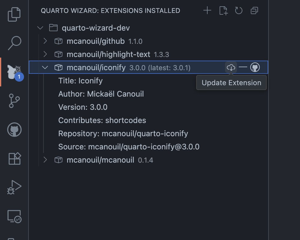 Quarto Wizard: Explorer View Update (Dark) Quarto Wizard Extensions Installed panel showing expanded iconify extension details with update button and version information.